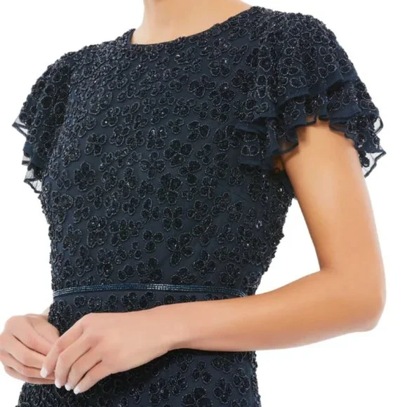MAC DUGGAL 10771 FLOUNCE SLEEVE MIDI MIDNIGHT NAVY MIDI DRESS sz 6